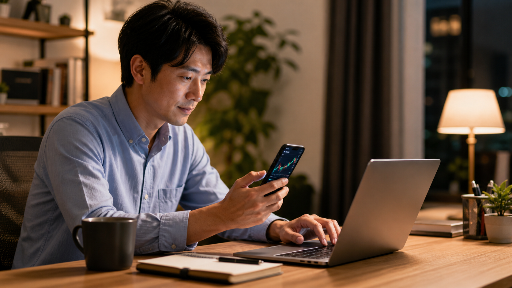 自宅で副業とお金の情報を確認している会社員